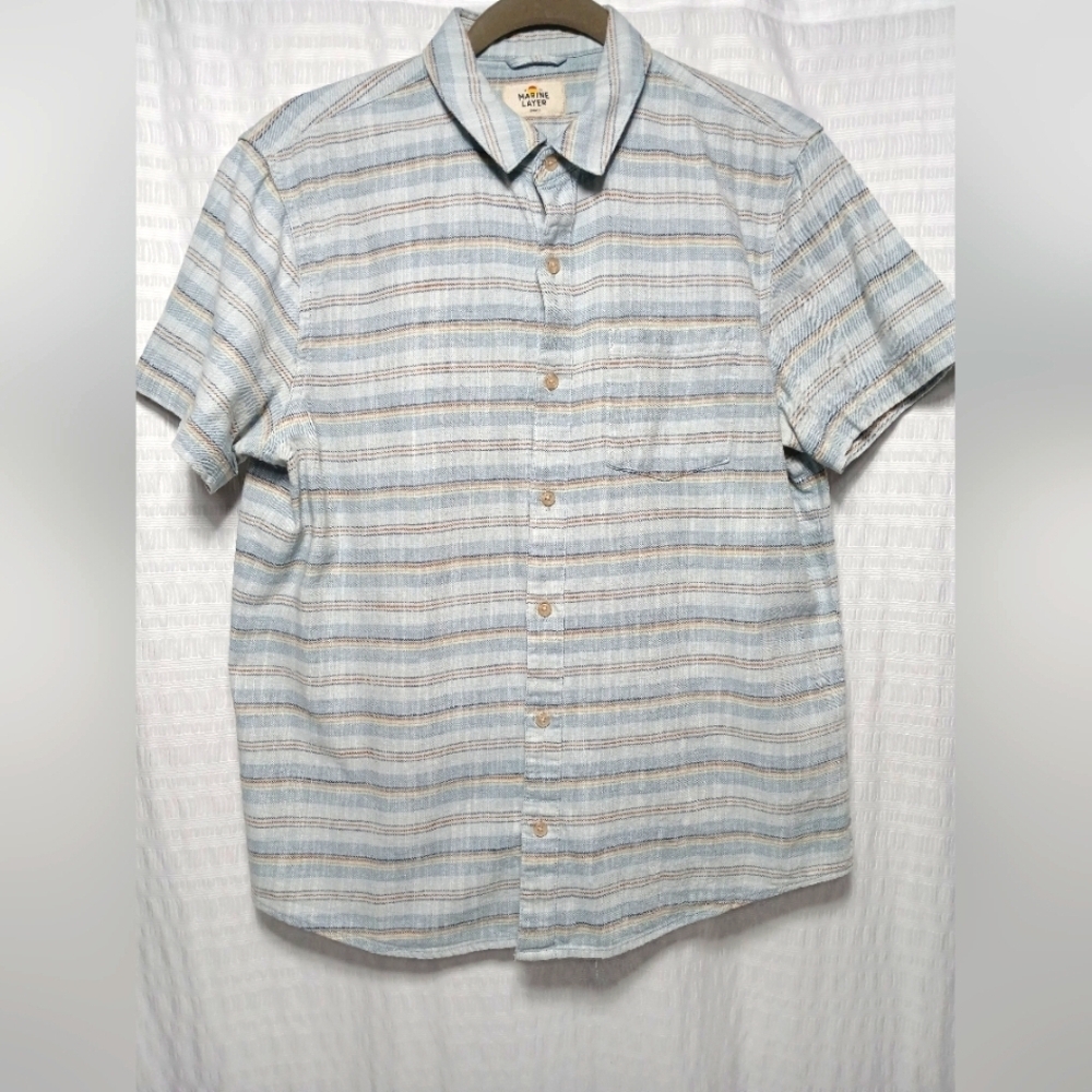 MARINE LAYER Men's Stretch Selvage Short Sleeve Button Down Shirt. Size S